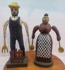 L & P Koosed Wood Carved Folk Art Fork Man & Spoon Woman -Signed - 1980's picture