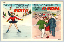 c1940s Linen Woman Ice Skating Sports North Florida Art Comic Postcard picture