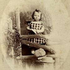Antique CDV Photograph Adorable Little Girl Fence Plaid Dress Andover ID Young picture