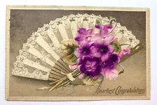 Vintage POSTCARD Embossed, Heartfelt Congratulations Purple Flowers, Fan picture