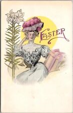 c1900s EASTER Postcard Pretty Lady / Lily Flowers New Hat - Artist-Signed FARRAH picture