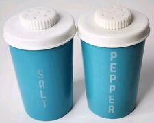 Vintage MCM Set 2 Blue Salt & Pepper Shakers 1960s Retro White Letters picture