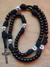 White Skull Paracord Rosary Black Beads Silver St Benedict Crucifix Momento Mori picture