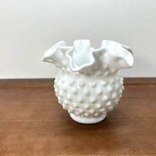 Fenton Milk Glass Vase Hobnail Crimped Ruffle Edge White Bowl Vintage picture