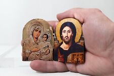 Small Curved Wooden Diptych Icons with jesus Christ and  Virgin Mary. picture