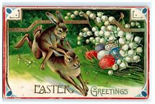 1911 Easter Greetings Bunny Riding Bunny Anthropomorphic Embossed Postcard picture