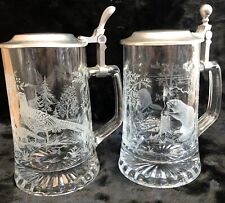 Vintage Pair ALWE Glass Beer Steins with Pewter Lid W/ Beaver & Pheasant Designs picture