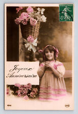 RPPC Hot Pink French Studio Portrait Young Girl Flowers Hand Colored Postcard picture