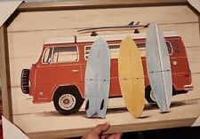 Vw Retro Bus Beach Surf Wood Art Frame Portrait Canvas Collectible.  picture
