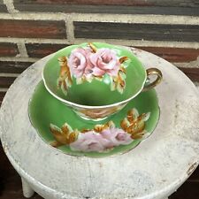 Vintage Tea Cup & Saucer Set Made In Japan Green Pink Roses Flowers Gold Handle picture