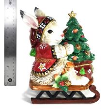 Fitz & Floyd Christmas Lodge Rabbit on Sled w Christmas Tree Lidded Candy Jar picture