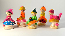 5 Vtg 1960s Napco Plaster Elf Figurines on Mushrooms Hippie Day Glo Colors M8598 picture