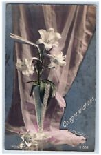 Congratulations Postcard RPPC Photo Lily Flowers In Vase Rotograph c1905 Antique picture