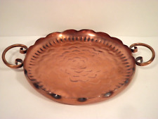 Vtg Solid Copper Gregorian Hammered Dual Handle Round Tray USA Scallop Flower picture