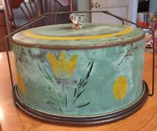 40's Vintage Shabby Chic Metal Cake Carrier Green With Gold Stripes + Tulips picture