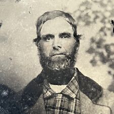 Antique Tintype Of A Tintype Odd Photograph Working Class Man Beard Plaid Shirt picture