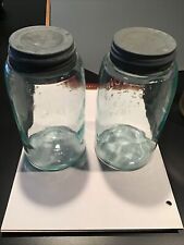 2 GLASS JARS Vintage Blue Mason's Patent 1858 Quart Fruit Jars Port Zinc Lids picture