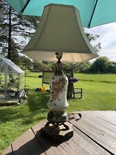 Vintage Porcelain Hand Painted Detailed Floral Table Lamp Filigree Brass Base picture