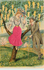 Embossed Silk Applique Postcard Romance Couple Woman In tree Pink Skirt 1042 picture