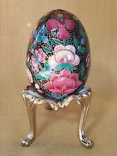 Vintage Russian Hand Painted Wood Egg With Stand Folk Art picture