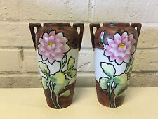 Antique Nippon Takito Pair of Porcelain Vases w/Hand Painted Pink Flowers Dec. picture