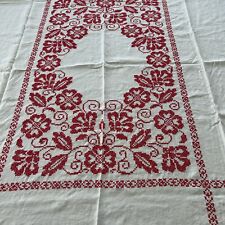 Vintage Cross Stitch Folk Art Red White Tablecloth 54 72 Rectangular Americana picture