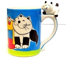 INDRA Fine Stoneware Handpainted Cat Coffee Mug, Blue and White picture