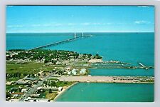 Mackinaw City MI-Michigan, Aerial Of Mackinac Bridge, Antique, Vintage Postcard picture