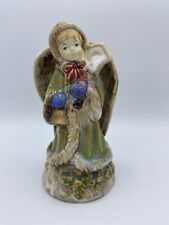 Angel Holding Birdhouse Bell Ceramic Christmas Glazed Pottery Fig 6.75” picture