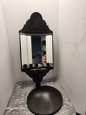 Primitive Colonial Antique Repro Black Metal Mirrored Wall Sconce Candle Holder picture