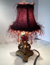 VINTAGE FLORENTINE TOLE Gold TABLE LAMP W/burgundy Tapestry Fringe Shade picture