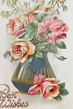 Antique 1900s Rose Vase Best Wishes Postcard Vintage Raised picture