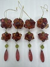Set Of 4 VINTAGE Red/Orange/Green 4 Tier LUCITE Jeweled DANGLE ORNAMENTS 7”L picture