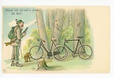 French Hunter w Dachsund & Bicycles “Honi soit qui mal y pense” Antique CPA~1910 picture