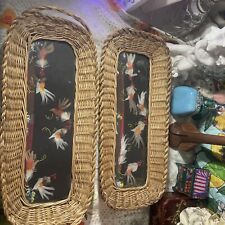 2 Mexican Feathercraft Folk Bird Art w Real Feathers Wicker Trays picture