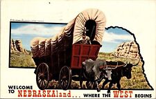 Nebraskaland West Begins Conestoga Wagon Oxen Map Nebraska NE Postcard PM Cancel picture