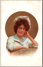 c1910s Pretty Girl Postcard Young Woman Sailor-Style Outfit / Gold Circle UNUSED picture