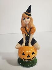 Vintage Halloween Atlantic Mold Ceramic Witch Girl on Jack o Lantern Pumpkin  picture