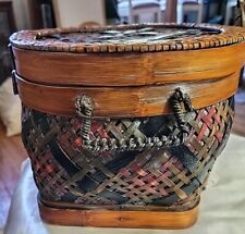 Woven Rattan Large Basket Oblong LID Brass Accent Asian 60s 70s Vtg Collectable picture
