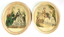 1850's Godey Paris Fashion Prints Mounted Under Glass In Large Oval Wood Frames picture