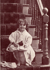 c1909 Curly Hair Girl Feeds Cat On Steps GOOD MORNING Sweet ANTIQUE Postcard picture