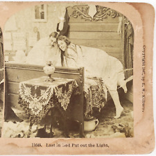 Undressed Couple Pajama Party Stereoview c1897 Bedroom Oil Lamp Chamber Pot F816 picture