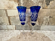 Bohemian Crystal Cobalt Blue Cut To Clear Champagne Flutes..2 picture