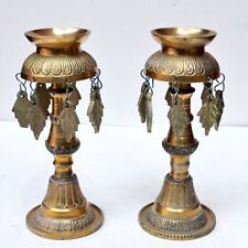 Pair Carved Brass Tibetan Sukunda Buddhist Butter Oil Lamp Nepal Candle Stand picture
