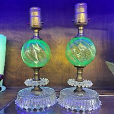 Antique Green Uranium Vaseline Glass Candlestick Lamps Art Deco *Needs Rewired* picture