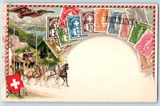 Switzerland Postcard Stamp Collage Horses Carriage Embossed c1910's Antique picture