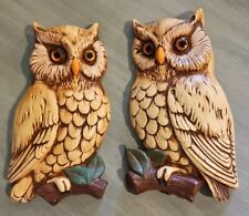 Vintage 1970s Pair Owl Wall Hanging Plaques Ceramic Kitchen Decor Beautiful Eyes picture