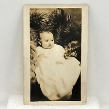 Vintage RPPC Baby On Fur Blanket In Long White Flowing Dress Real Photo Postcard picture