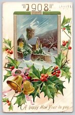 Postcard Tucks 1908 New Year Winter Scene House Holly Bells Embossed Antique picture