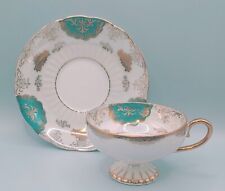 Royal Halsey Very Fine China Tea Cup And Saucer Blue/Green with Gold Trim Luster picture